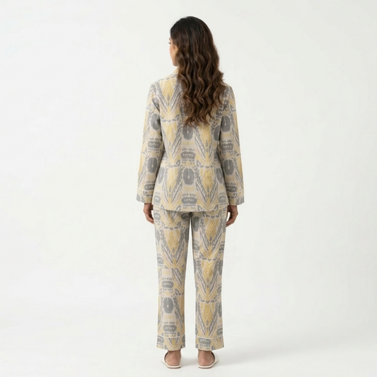 Women's Yellow Ikkat Print Cotton Night Suit Set – Elegant Two Piece Pajama Set