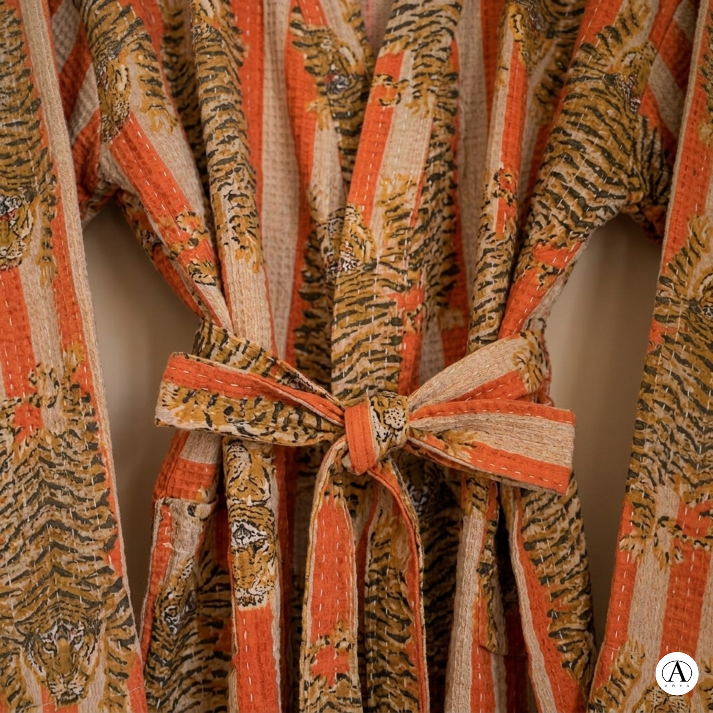 Bold Orange & Off-White Stripe Tiger Waffle Bathrobe – Luxury Spa Robe