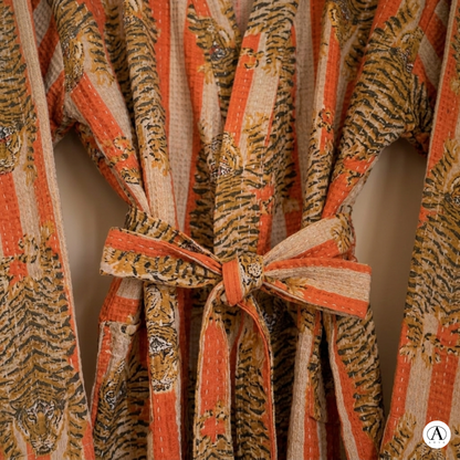 Bold Orange & Off-White Stripe Tiger Waffle Bathrobe – Luxury Spa Robe