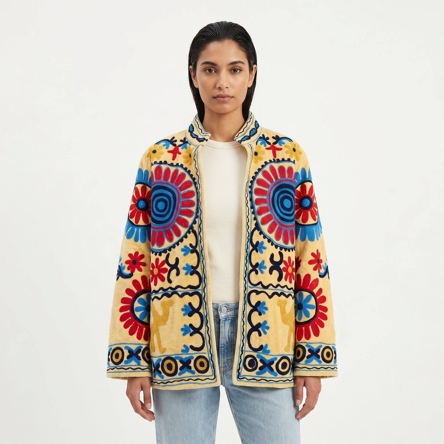 Women's Yellow Suzani Reversible Jacket – Artistic Embroidered Statement Jacket