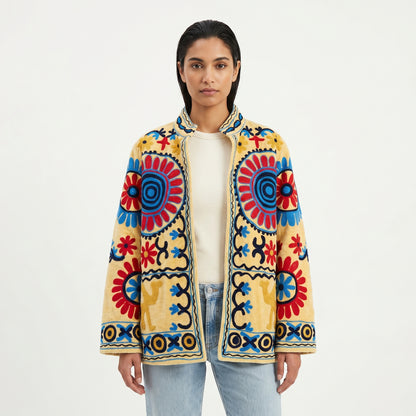 Women's Yellow Suzani Reversible Jacket – Artistic Embroidered Statement Jacket