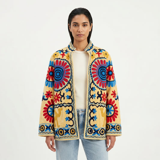 Women's Yellow Suzani Reversible Jacket – Artistic Embroidered Statement Jacket