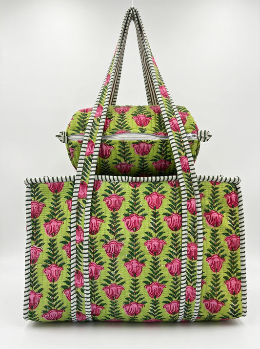 Green pink Lotus floral Quilted Tote & Pouch Set