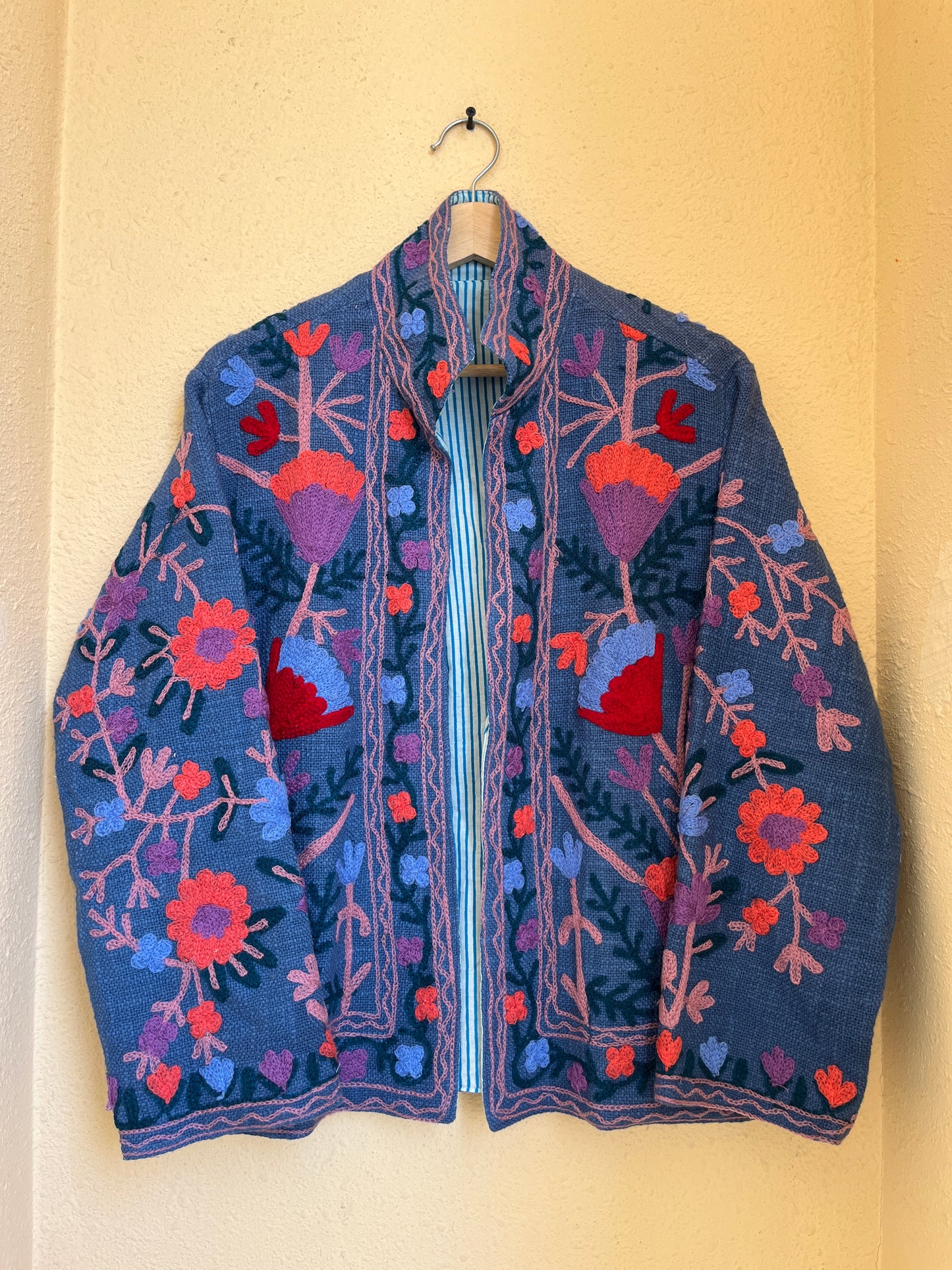 Women's Light Blue Suzani Reversible Jacket – Artistic Embroidered Statement Jacket
