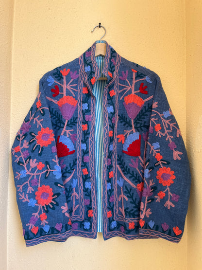 Women's Light Blue Suzani Reversible Jacket – Artistic Embroidered Statement Jacket