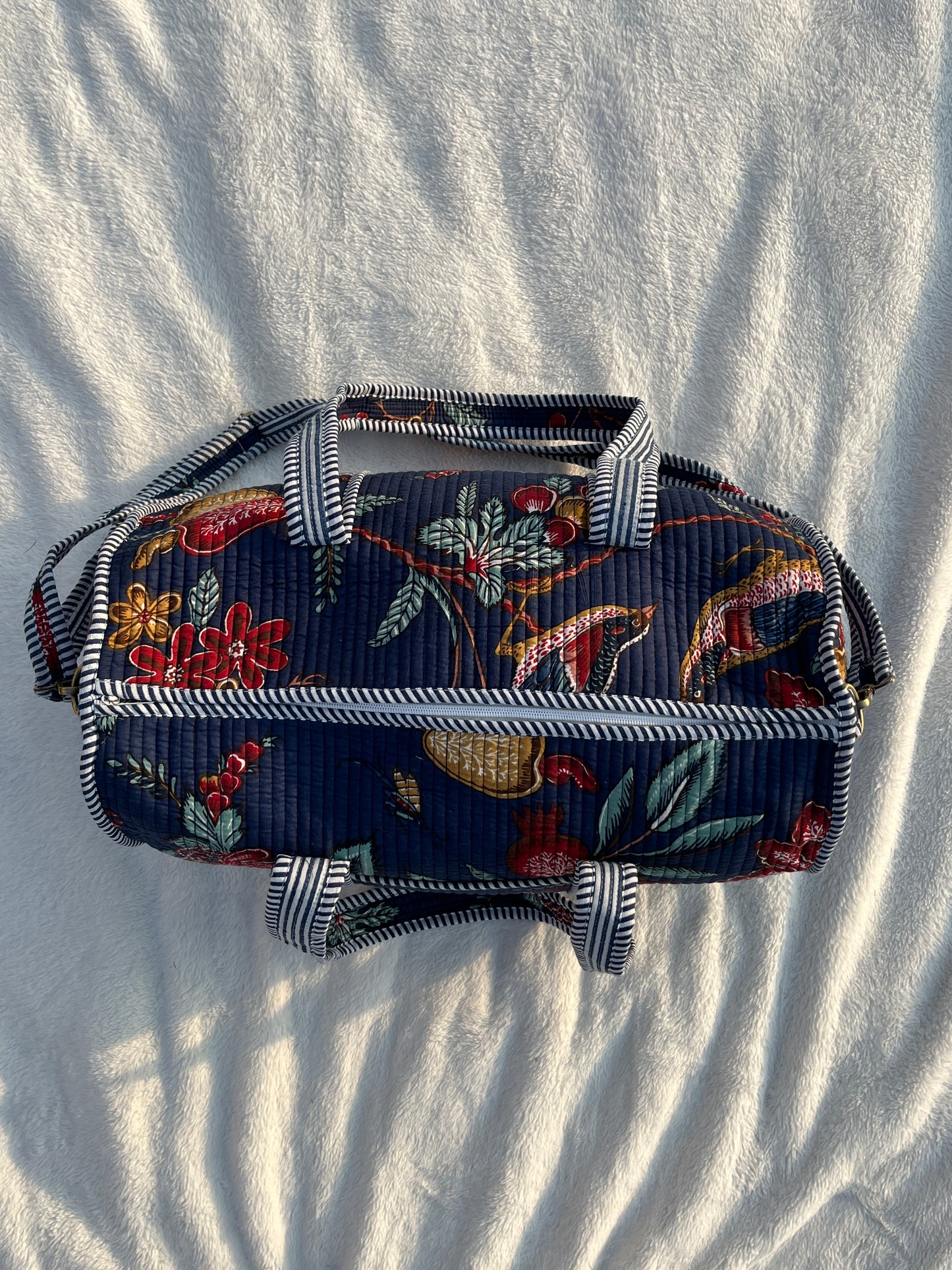 Navy Blue Print Quilted Cotton Duffle Bag – Lightweight Travel Weekender