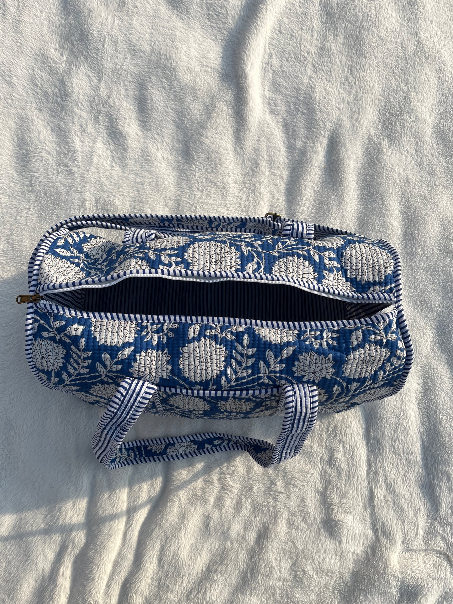 Blue Floral-2 Print Quilted Cotton Duffle Bag – Lightweight Travel Weekender