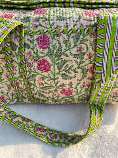 Green Red floral Print Quilted Cotton Duffle Bag – Lightweight Travel Weekender