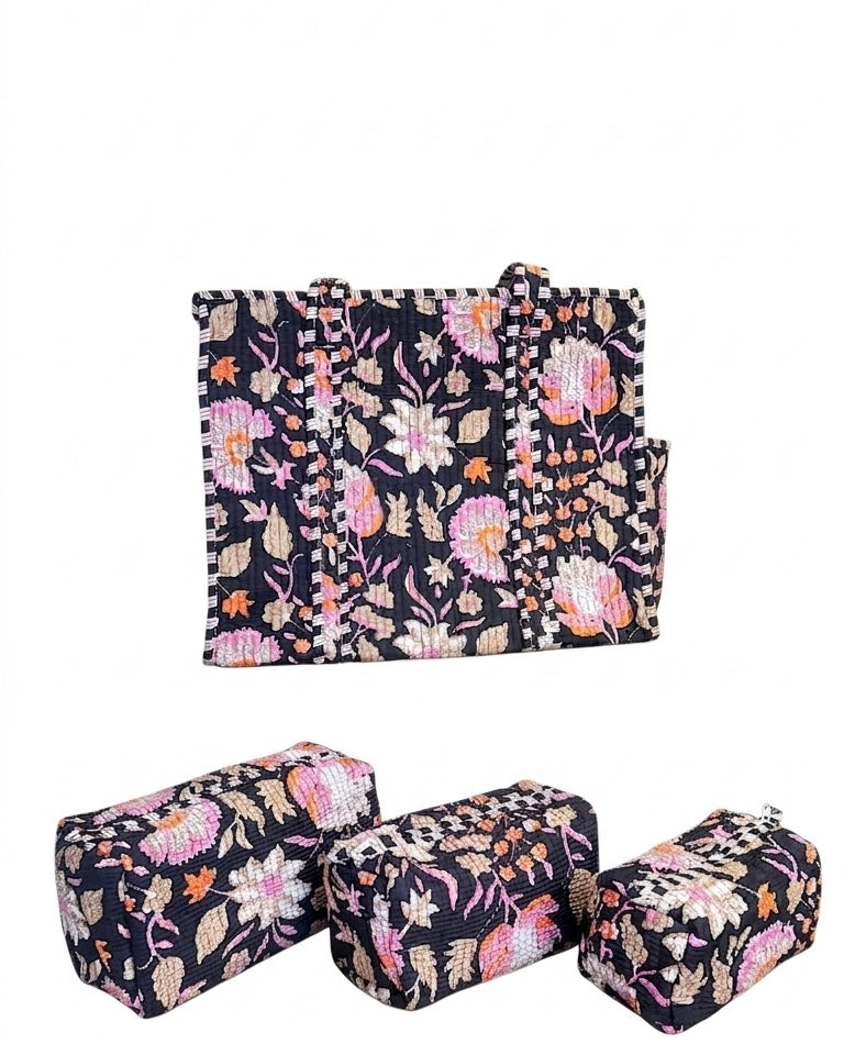 Black Floral Printed Tote & Utility Pouch Set