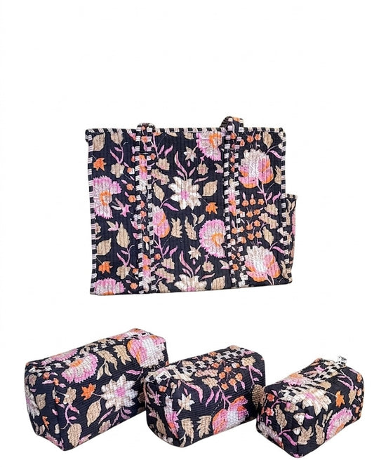 Black Floral Printed Tote & Utility Pouch Set