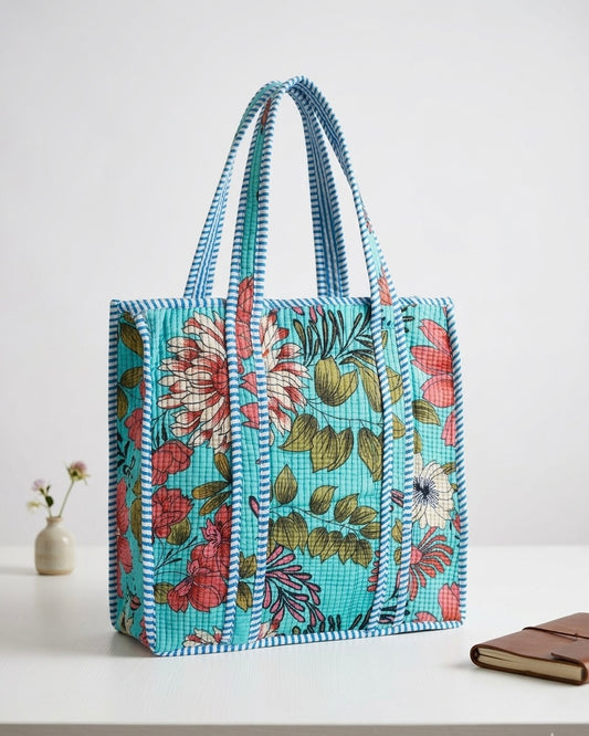 Mint Blue Floral-2 Quilted Mini Tote Bag 14X14