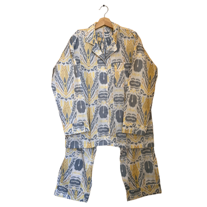 Women's Yellow Ikkat Print Cotton Night Suit Set – Elegant Two Piece Pajama Set
