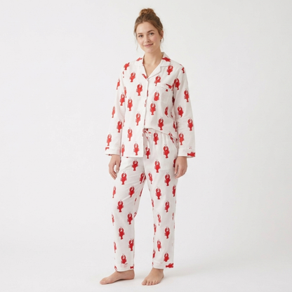 Women's White Lobster Love Cotton Night Suit Set – Elegant Two Piece Pajama Set