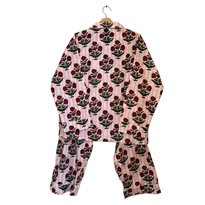Women’s Pink Mini Flower Bunch Print Cotton Night Suit Set – Elegant Two Piece Pajama Set
