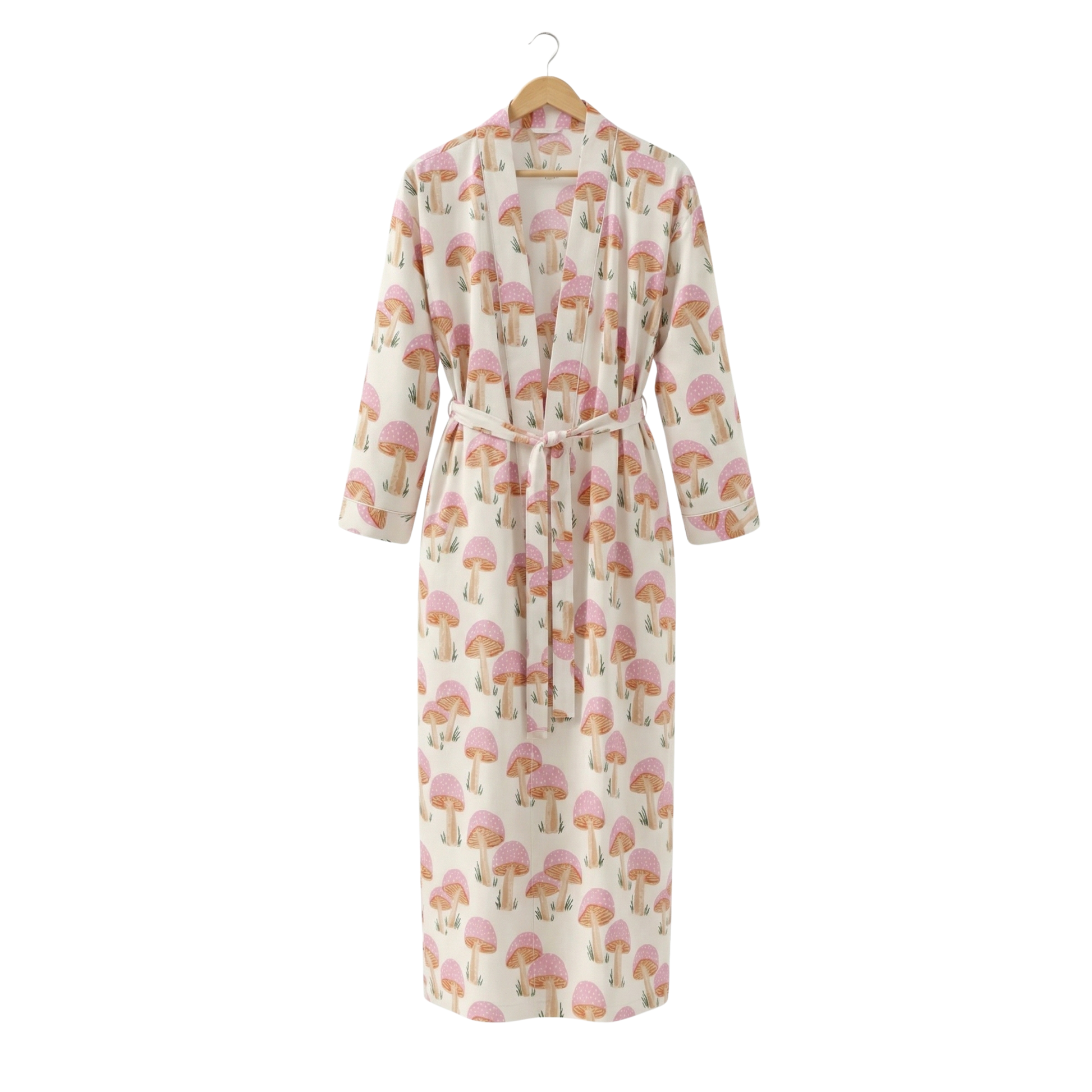 Pink mushroom party women's cotton kimono lightweight 
lounge robe. Whimsical botanical mushroom print cotton dressing gown.