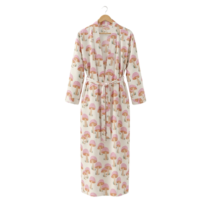Pink mushroom party women's cotton kimono lightweight 
lounge robe. Whimsical botanical mushroom print cotton dressing gown.