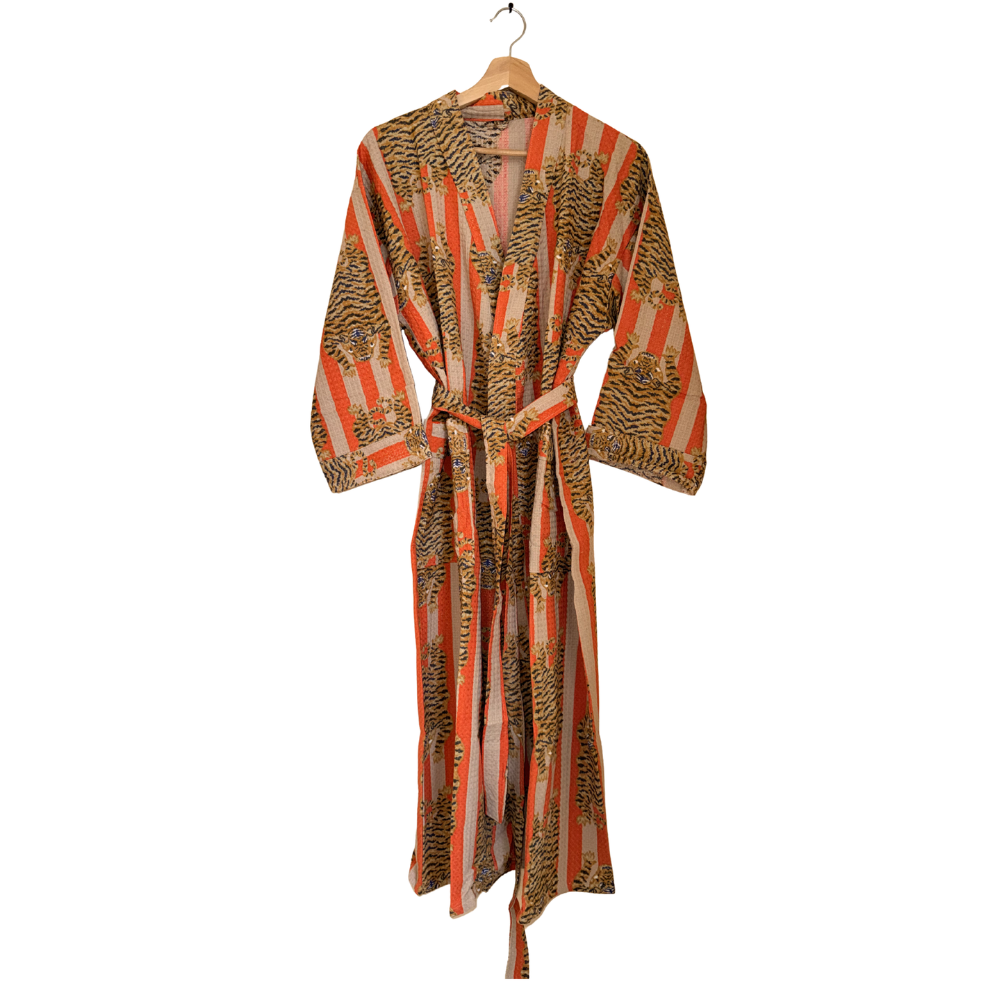 Bold Orange & Off-White Stripe Tiger Waffle Bathrobe – Luxury Spa Robe