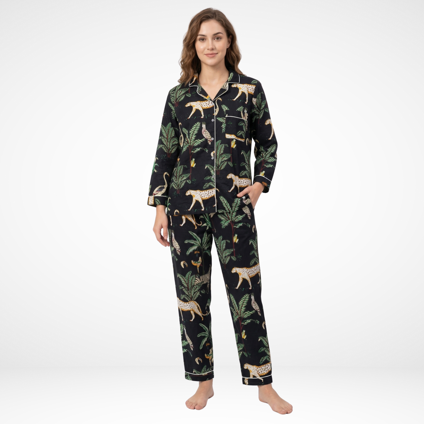 Women's Black Safari Print Cotton Night Suit Set – Cute Two Piece Pajama Set