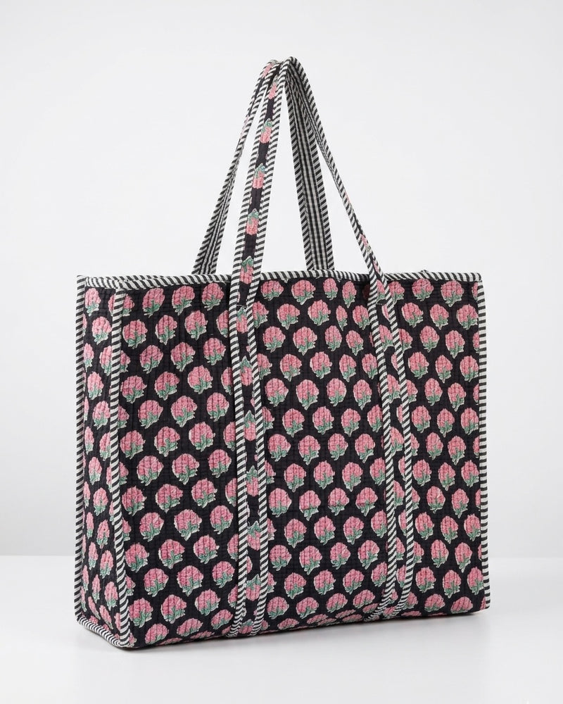 Black floral quilted cotton tote bag for women by House of Arya