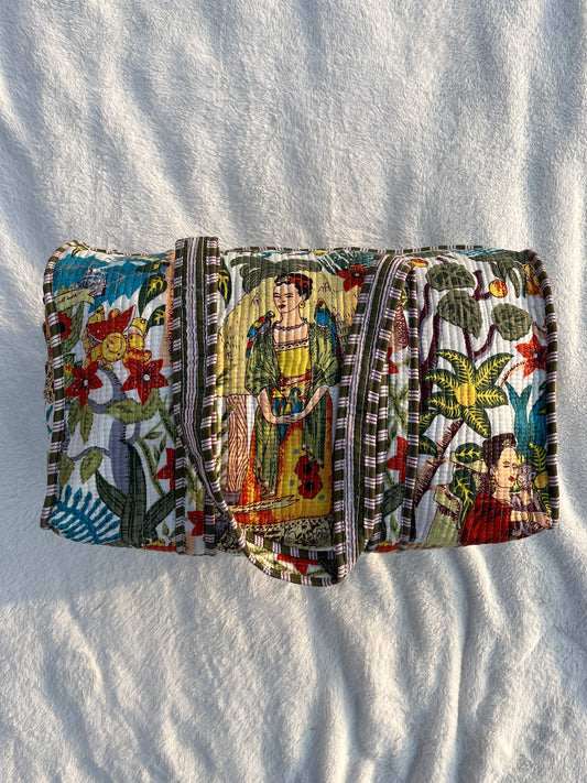 White Farida Print Quilted Cotton Duffle Bag – Lightweight Travel Weekender
