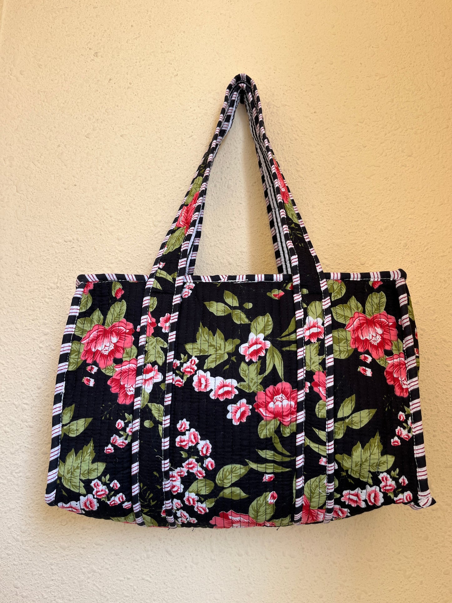 Black Floral Quilted Mini Tote Bag 10X12