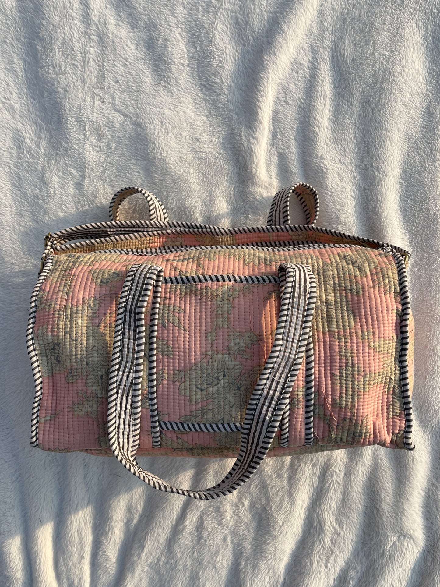 Peach Floral Print Quilted Cotton Duffle Bag – Lightweight Travel Weekender