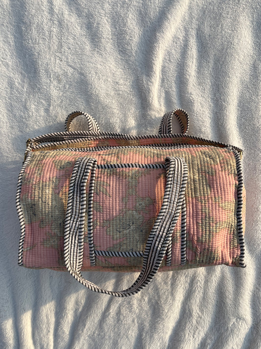Peach Floral Print Quilted Cotton Duffle Bag – Lightweight Travel Weekender