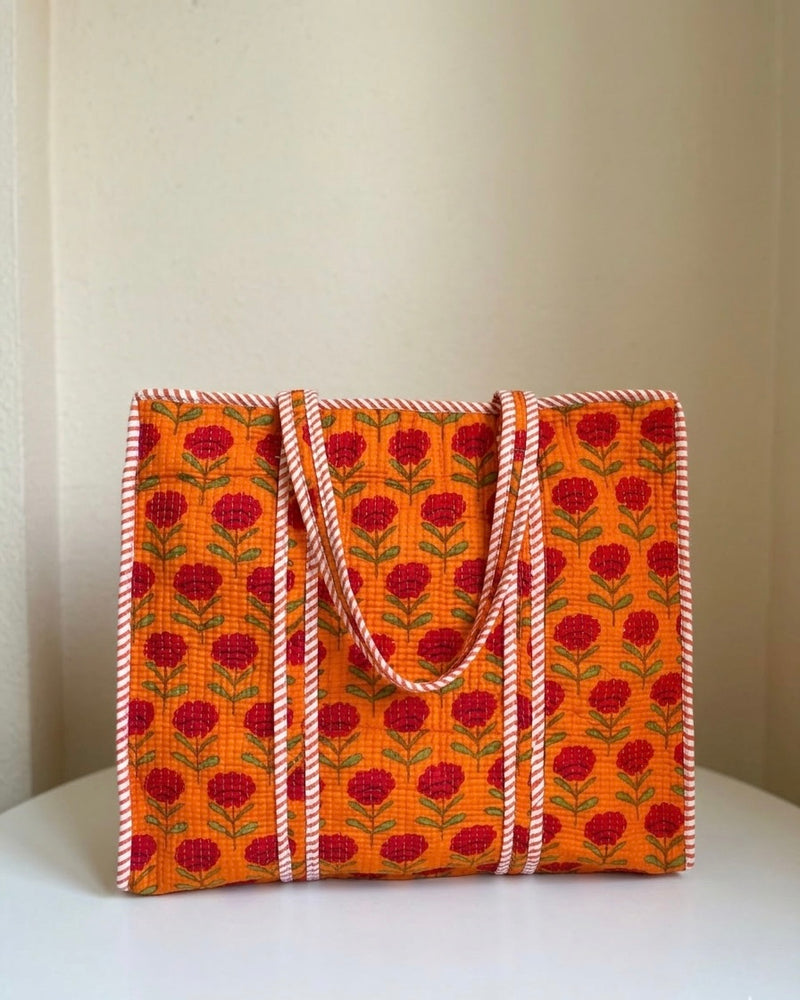 Orange sunset floral quilted cotton tote bag for women by House of Arya