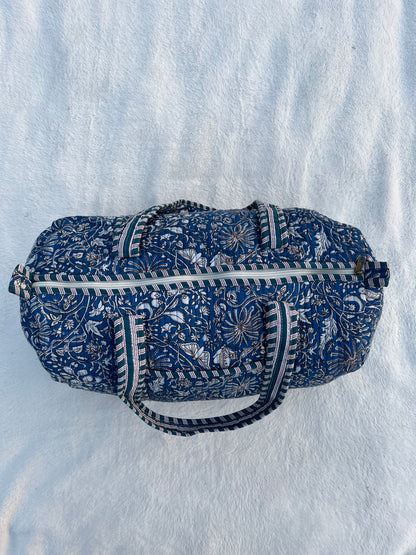 Blue Floral Print Quilted Cotton Duffle Bag – Lightweight Travel Weekender