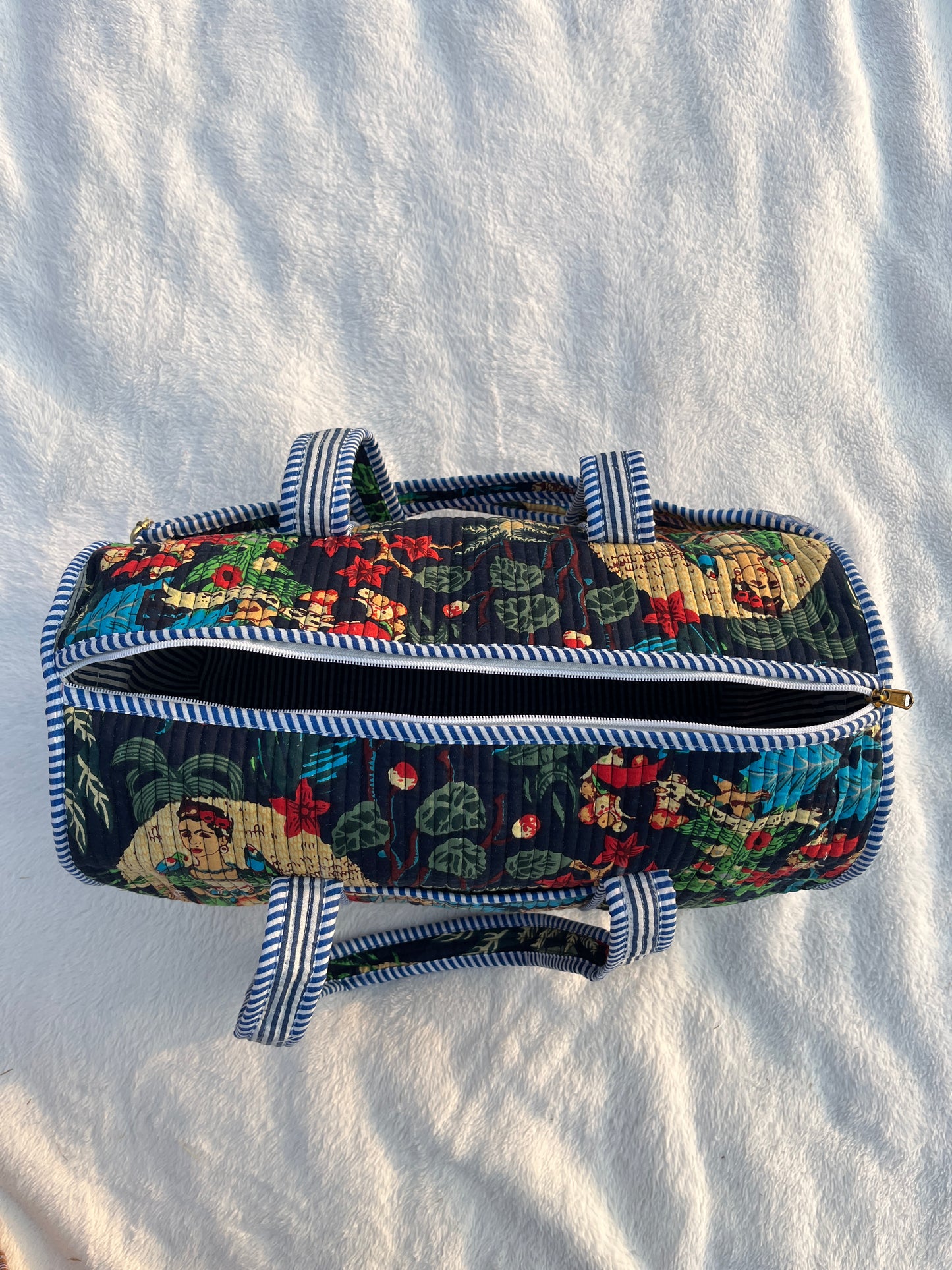 Farida Navy Blue Print Quilted Cotton Duffle Bag – Lightweight Travel Weekender
