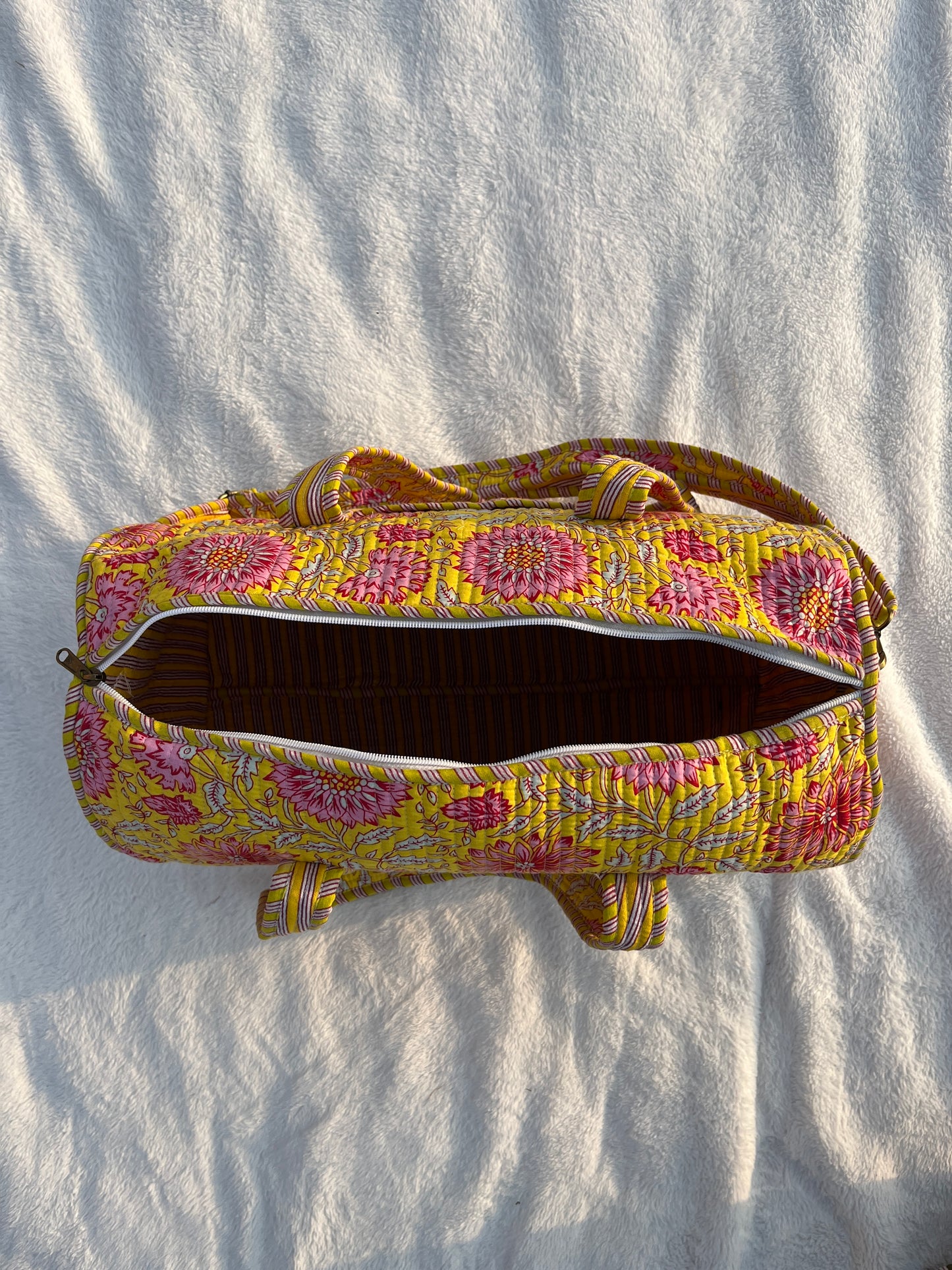 Yellow Floral Print Quilted Cotton Duffle Bag – Lightweight Travel Weekender