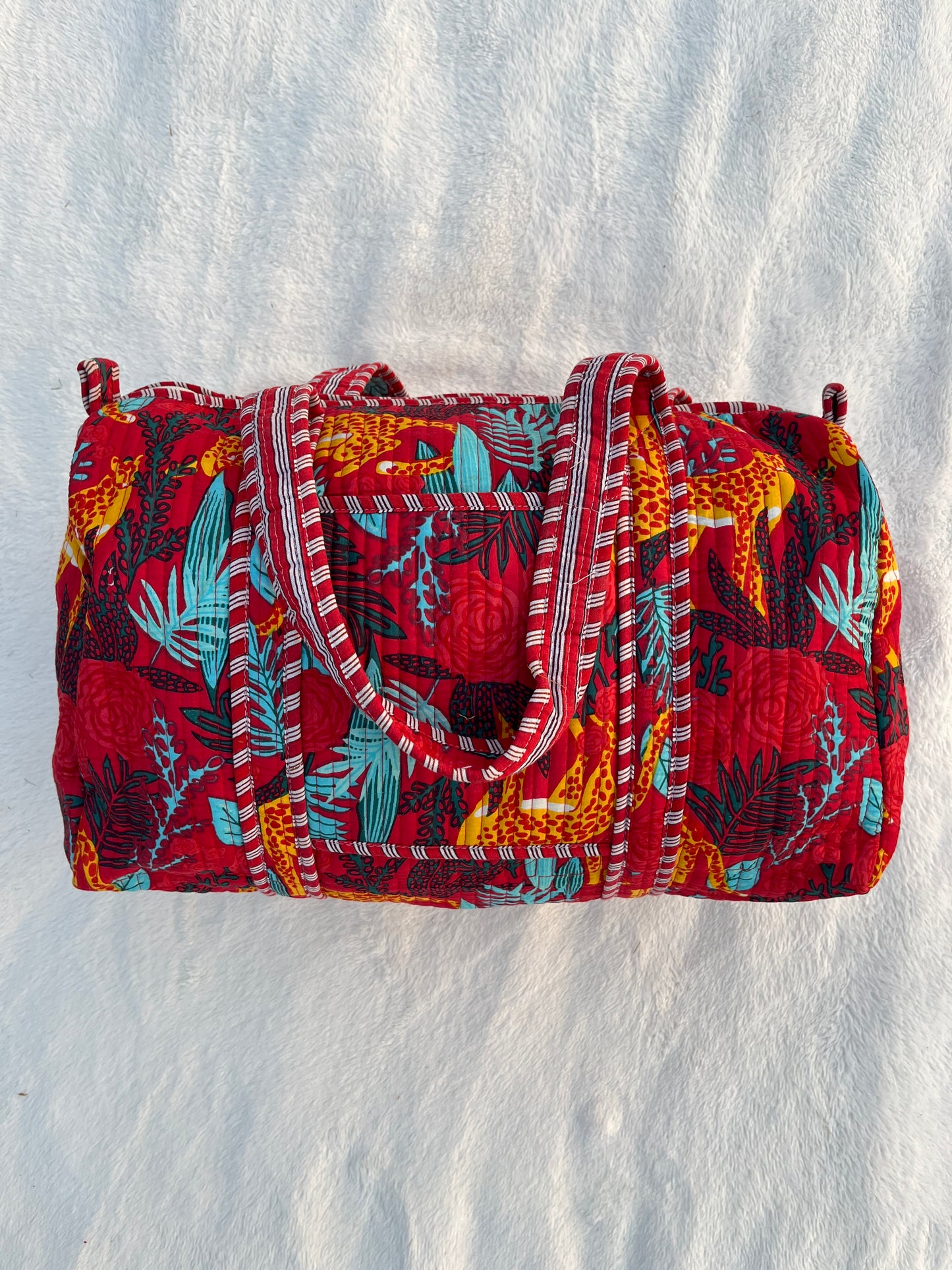 Red Floral Tiger Print Quilted Cotton Duffle Bag – Lightweight Travel Weekender