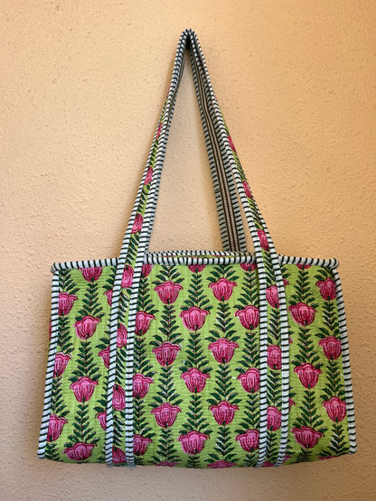 Green pink Lotus floral Quilted Tote & Pouch Set