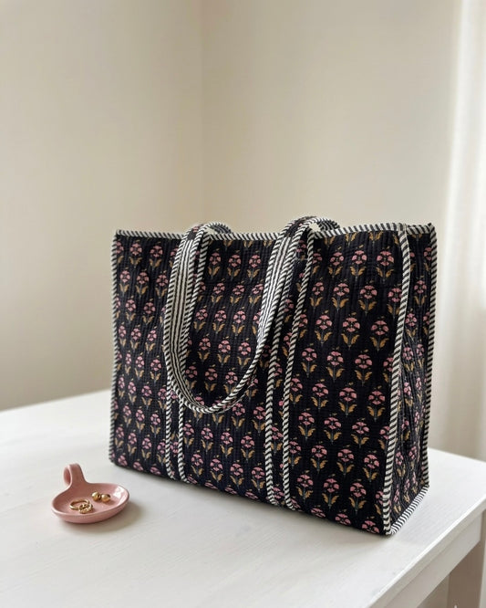 Black Midnight Petal – Wander Tote Bag 18x18