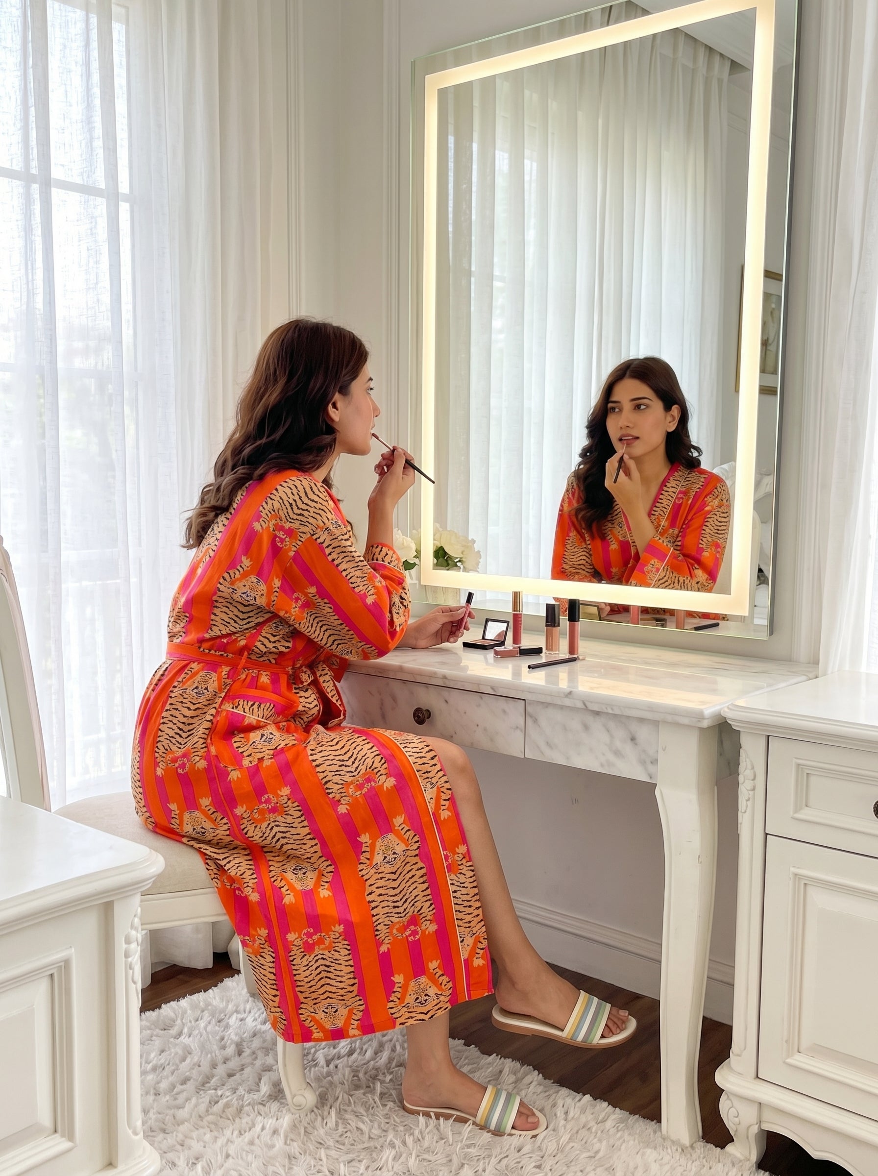 Tiger Tango women's cotton Tibetan kimono robe. Bohemian style 
lightweight cotton housecoat featuring a vibrant tiger print design.