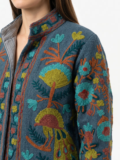 Women's Grey Suzani Reversible Jacket – Artistic Embroidered Statement Jacket