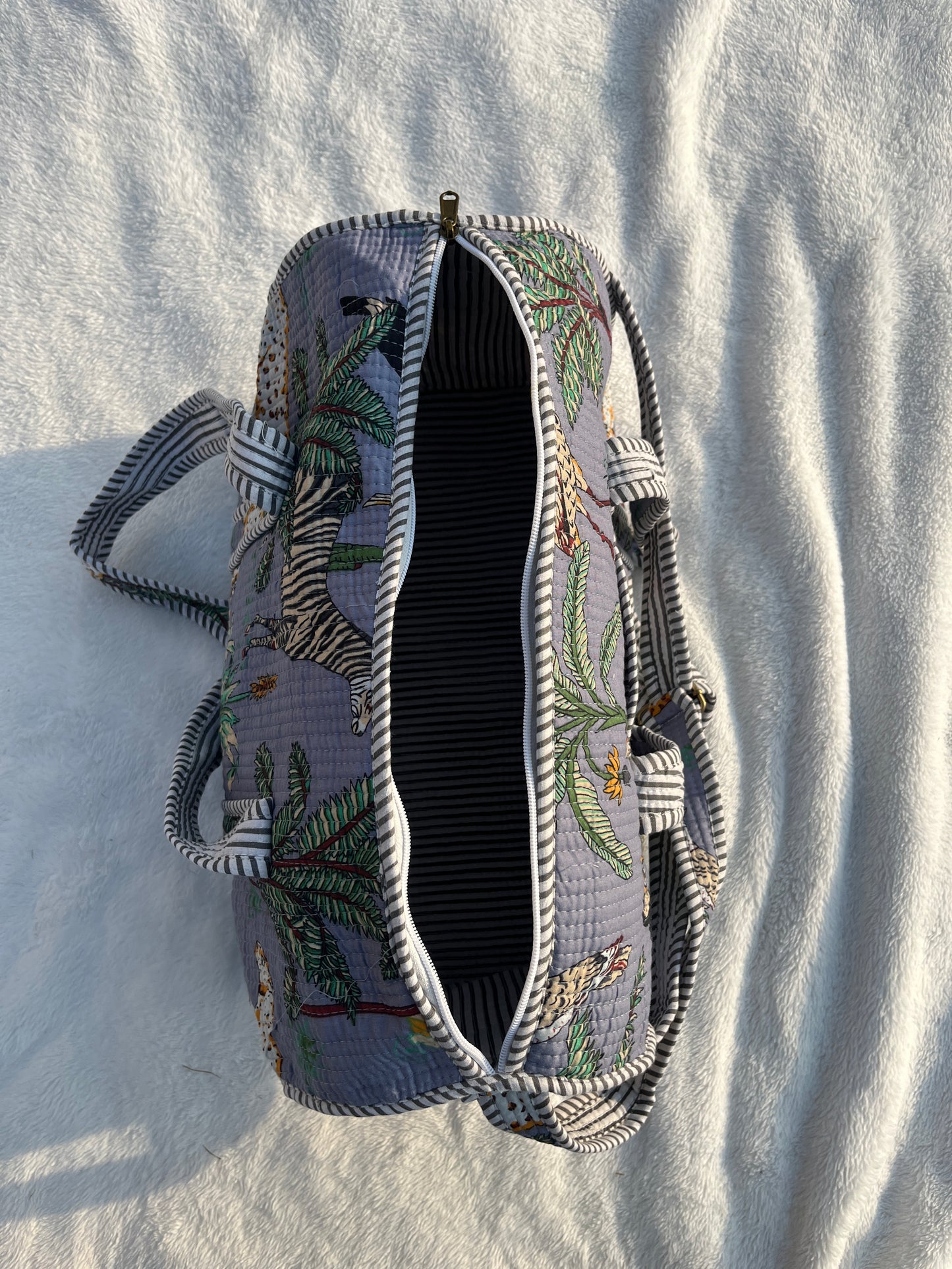 Grey Safari Print Quilted Cotton Duffle Bag – Lightweight Travel Weekender