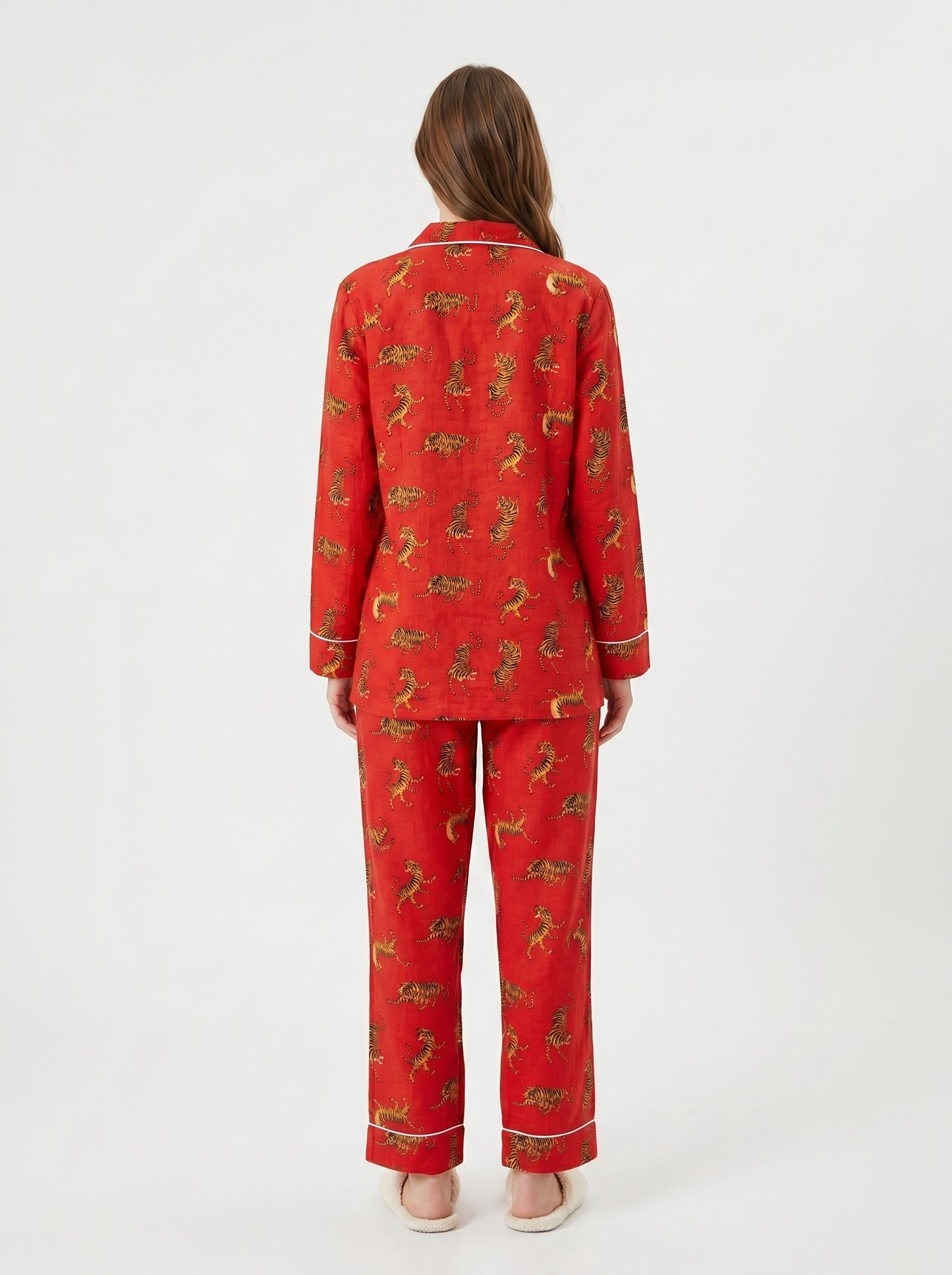 Women's Red Tiger Dreams Cotton Night Suit Set – Elegant Two Piece Pajama Set