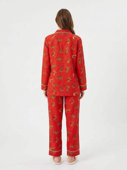 Women's Red Tiger Dreams Cotton Night Suit Set – Elegant Two Piece Pajama Set