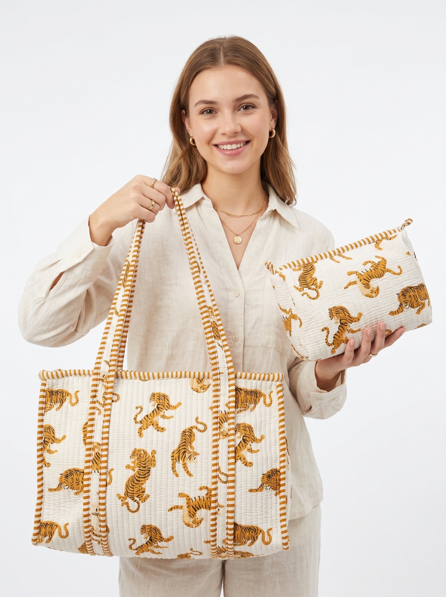 White tiger Quilted Tote & Pouch Set