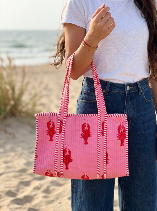 Lobster Love – Pink Quilted Tote & Pouch Set