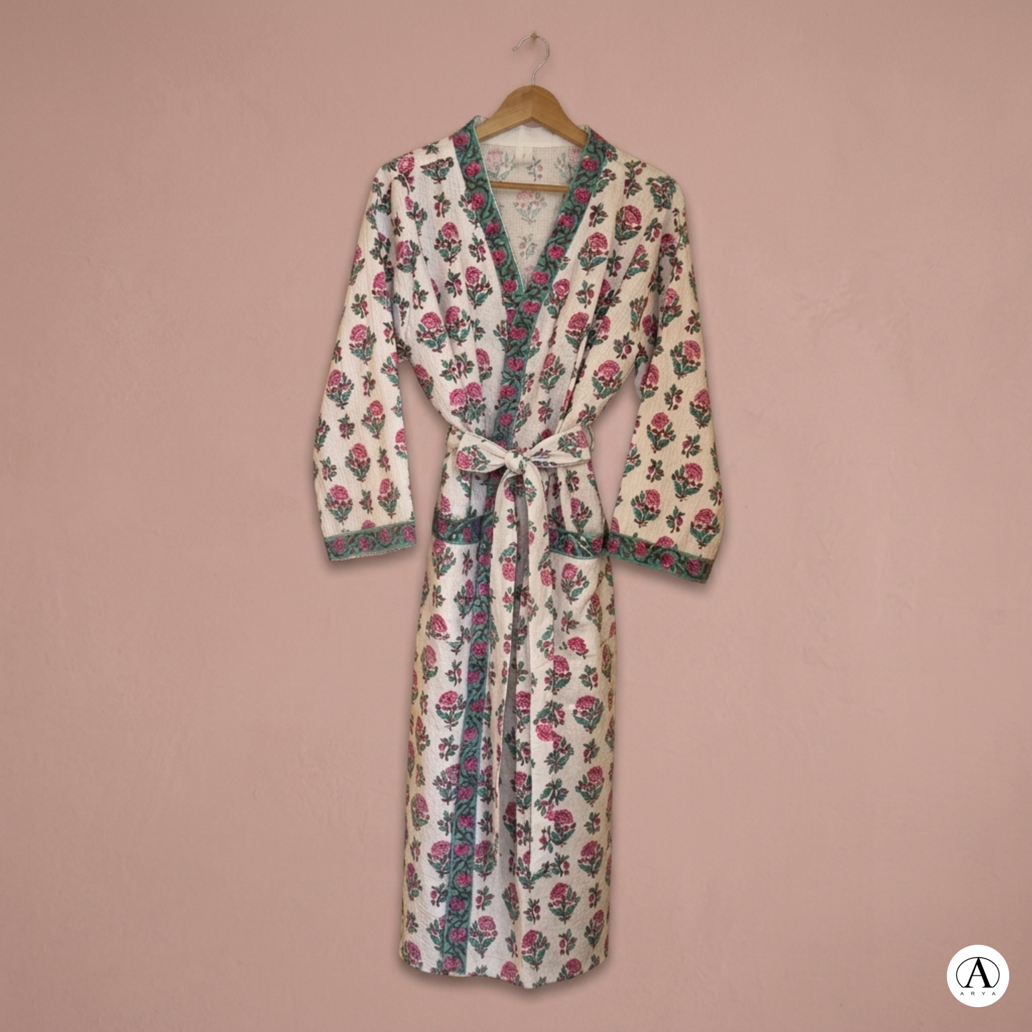 Petal White Comfort Handblock Waffle Bathrobe – Luxury Spa Robe