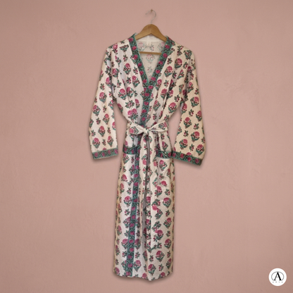 Petal White Comfort Handblock Waffle Bathrobe – Luxury Spa Robe