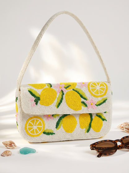 Handcrafted Luxury Beaded Lemon Splash Shoulder Bag