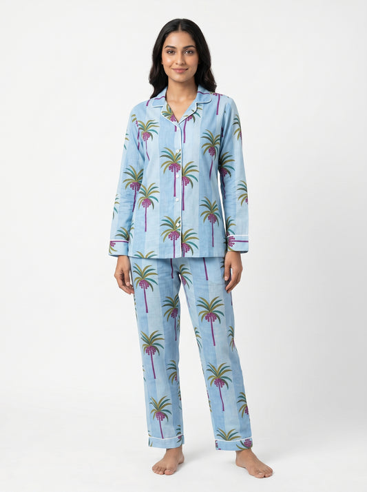 Women's Blue Palm Tree Print Cotton Night Suit Set – Elegant Two Piece Pajama Set