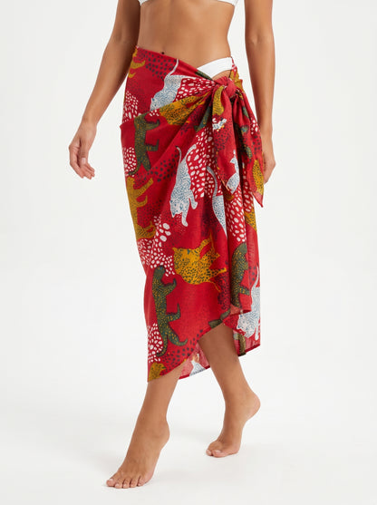 Red Tiger Print Beach Sarong Wrap Skirt