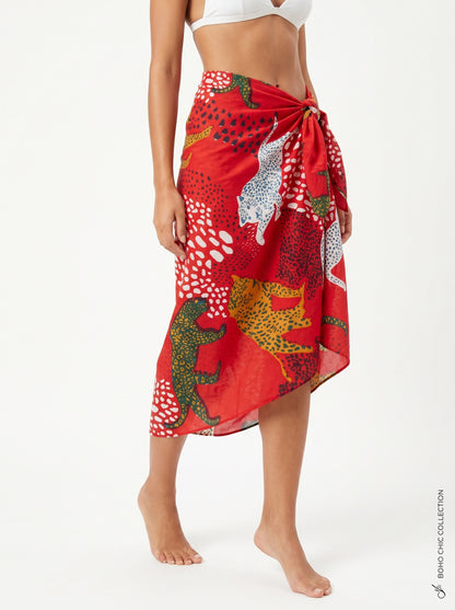 Red Tiger Print Beach Sarong Wrap Skirt