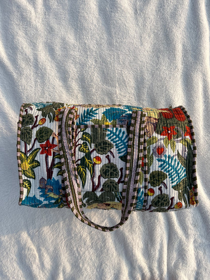 White Farida Print Quilted Cotton Duffle Bag – Lightweight Travel Weekender