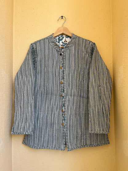 Blue Vine Petals – Long Blue Patchwork Cotton Quilted Reversible Jacket