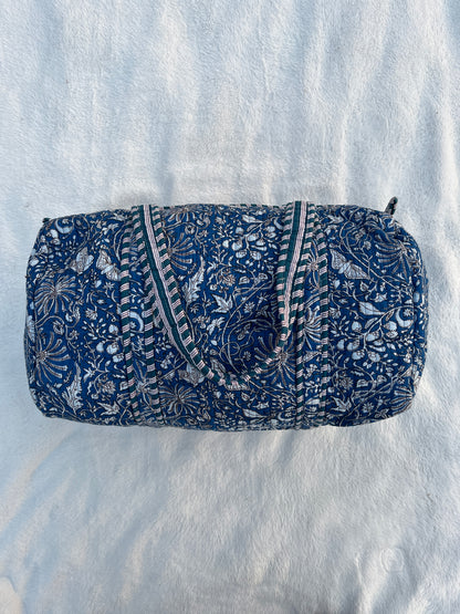 Blue Floral Print Quilted Cotton Duffle Bag – Lightweight Travel Weekender